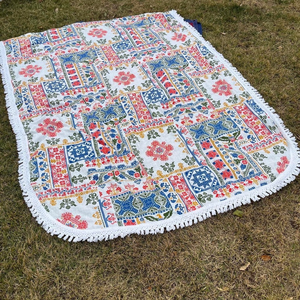 Vintage Bates colorful twin size bedspread blanket sheet with Fringe Mid Century